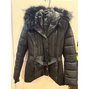 Michael Kors Women's Black Belted Active Faux Fur Trim Hooded Puffer Coat
